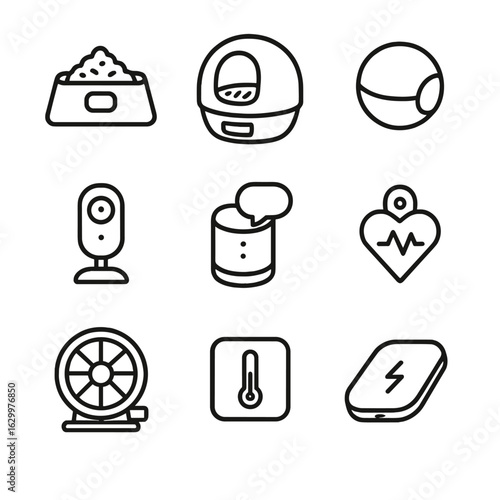Automated Pet Care Icons. Outline icon set of automated pet care gadgets: smart feeder bowl, self-cleaning litter box,