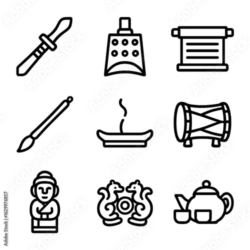 Ancestral Artifacts Icons. Outline icon set of ancestral hall artifacts: ceremonial dagger, bronze bell, scroll, ink brush,