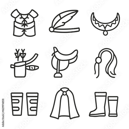 Centaur and Mermaid Icons. Outline icon set of centaur accessories: leather armor, feather headband, tribal necklace, quiver belt,