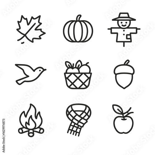 Autumn Icon Set. Outline icon set of autumn transitions: falling leaf, pumpkin, scarecrow, migrating bird, harvest basket, acorn,