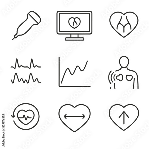 Cardiology and Bluetooth Icons. Outline icon set of cardiology ultrasound: heart probe, echocardiogram display, valve illustration