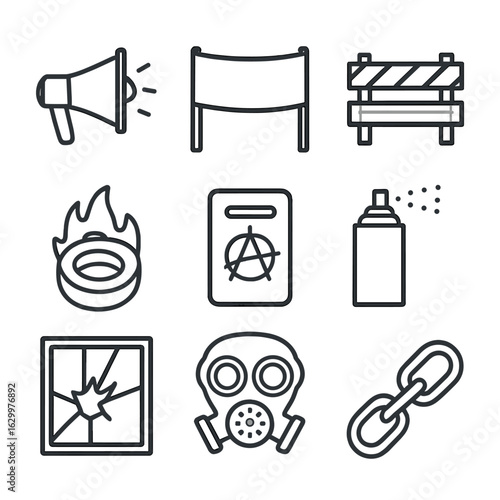 Anarchist Tools Outline. Outline icon set of anarchist tools and actions: megaphone, banner, barricade, burning tire, police