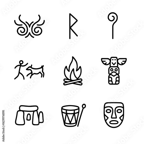 Ancestral Icons Collection. Outline icon set of ancestral legacy: tribal tattoo, ancient rune, elder’s staff, cave painting,