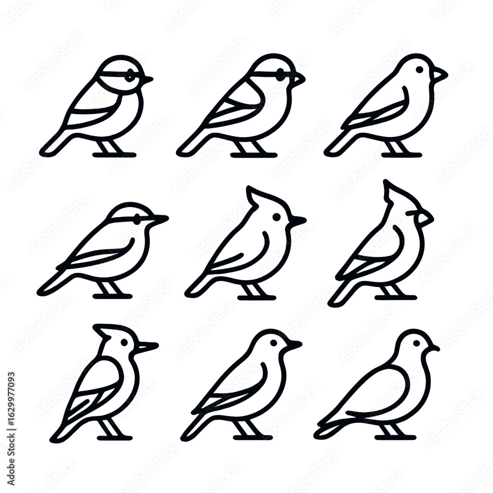 Fototapeta premium Backyard Bird Icons. Outline icon set of common backyard birds: chickadee, sparrow, finch, cardinal, nuthatch, titmouse,