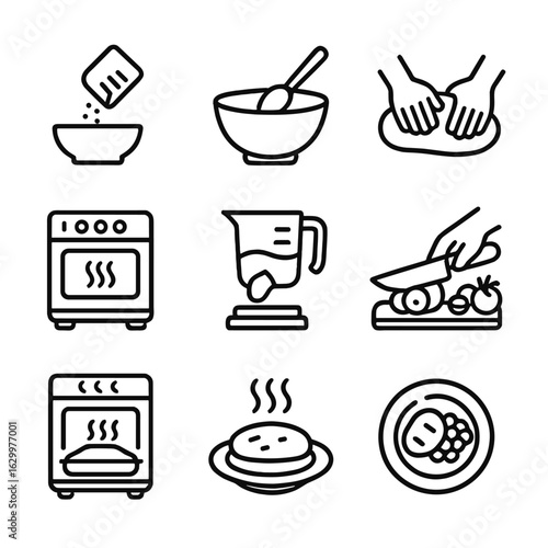 Cooking Icons Collection. Outline icon set of cooking steps: measure ingredients, mix ingredients, knead dough, preheat oven, pour