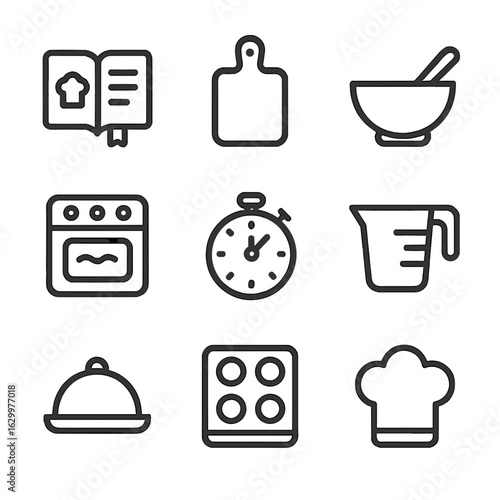 Cooking Steps Icons. Outline icon set of cooking steps: recipe book, chopping board, mixing bowl, oven, timer, measuring cup,
