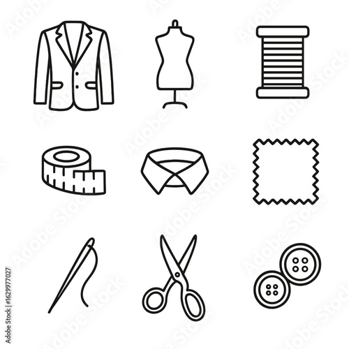 Bespoke Icon Set. Outline icon set of bespoke suits and dresses: suit jacket, dress form, thread spool,