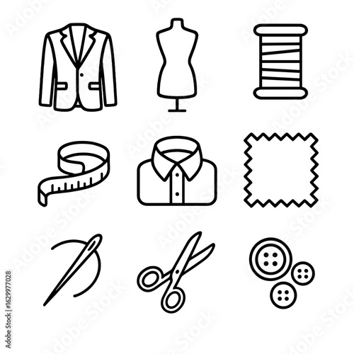 Bespoke Icon Set. Outline icon set of bespoke suits and dresses: suit jacket, dress form, thread spool,