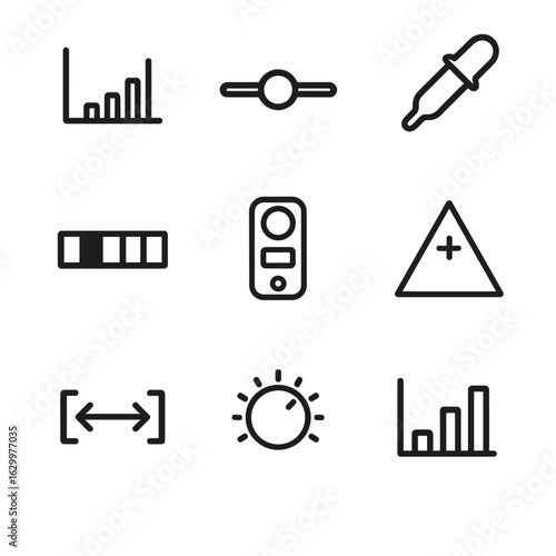 Contrast Tool Icons. Outline icon set of contrast measurement tools: histogram, contrast slider, color picker, grayscale bar,