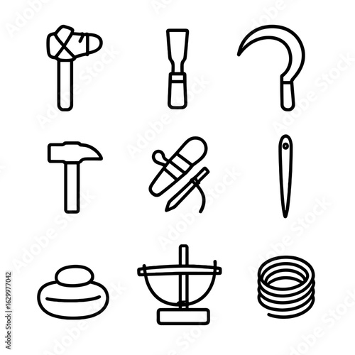 Ancient Tools Icons. Outline icon set of ancient tools: stone axe, chisel, sickle, hammer, firestarter, bone needle, grinding