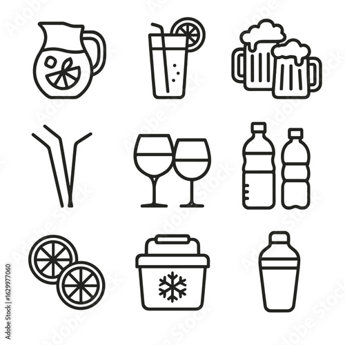 Beverage Icon Grid. Outline icon set of Beverage and refreshments: iced tea pitcher, lemonade, beer mugs,