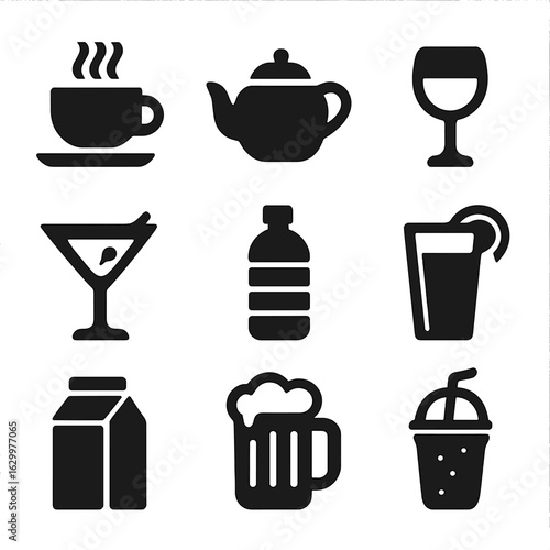 Beverage Icons Grid. Solid, filled icons set of beverages: coffee cup, tea pot, wine glass, cocktail, water