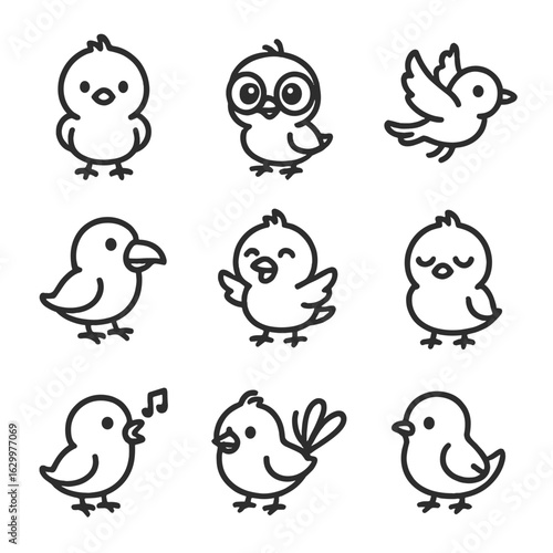 Cartoon Bird Icons. Outline icon set of cartoon birds: cute chick, big-eyed bird, tiny wings, animated flight, cartoon beak, happy
