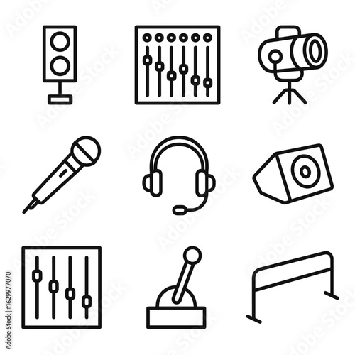 Backstage Equipment Icons. Outline icon set of backstage technical elements: cue light, sound mixer, follow spot, wireless