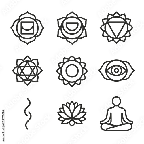 Chakra Meditation Icons. Outline icon set of chakra meditation: root chakra, sacral chakra, solar plexus chakra, heart chakra,