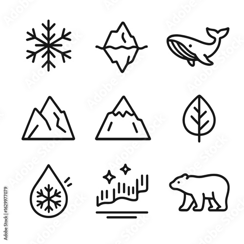 Cool Tone Icons. Outline icon set of cool tone elements: snowflake, iceberg, blue whale, glacier, icy mountain, frost leaf, cold
