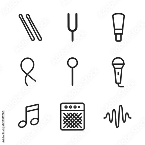 Chant Instrument Icons. Outline icon set of chant instruments accessories: drumsticks, tuning fork, reed, string, mallet,