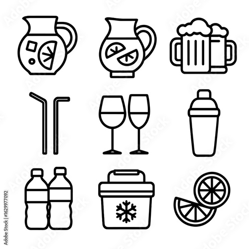 Beverage Icon Grid. Outline icon set of Beverage and refreshments: iced tea pitcher, lemonade, beer mugs,