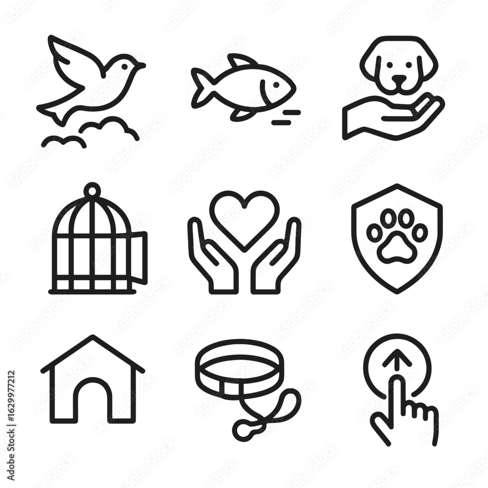 Animal Release Icons. Outline icon set of animal release: bird flying, fish swimming free, pet adoption, zoo release, wildlife Animal Release Icons. Outline icon set of animal release: bird flying, fish swimming free, pet adoption, zoo release, wildlife