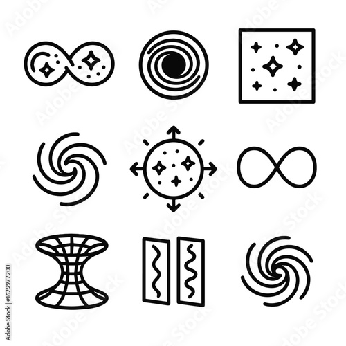 Cosmic Infinity Icons. Outline icon set of cosmic infinity themes: endless galaxy, black hole, star field, cosmic spiral,