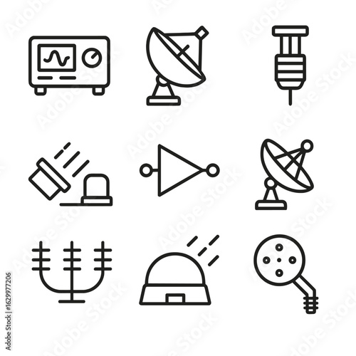 Cosmic Instrument Icons. Outline icon set of cosmic microwave background instruments and devices: spectrometer, radio telescope,