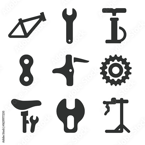 Bicycle Repair Icons. Solid, filled icons set of fixing a bicycle: bike frame, wrench tool, tire pump, chain
