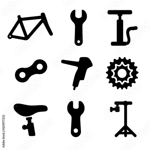 Bicycle Repair Icons. Solid, filled icons set of fixing a bicycle: bike frame, wrench tool, tire pump, chain