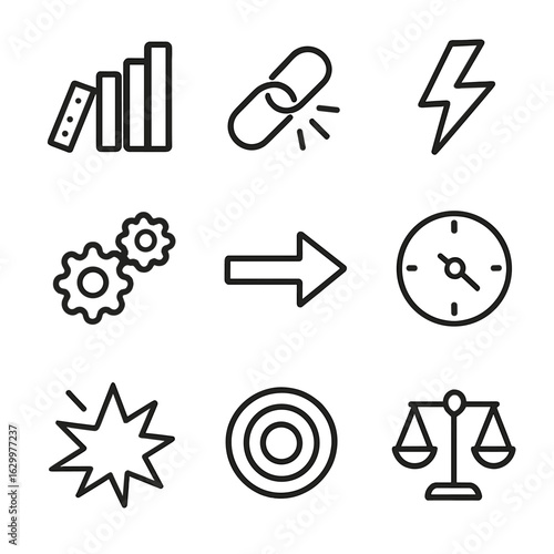 Cause and Effect Icons. Outline icon set of cause and effect: dominoes, chain reaction, lightning bolt, gears, arrow, clock,