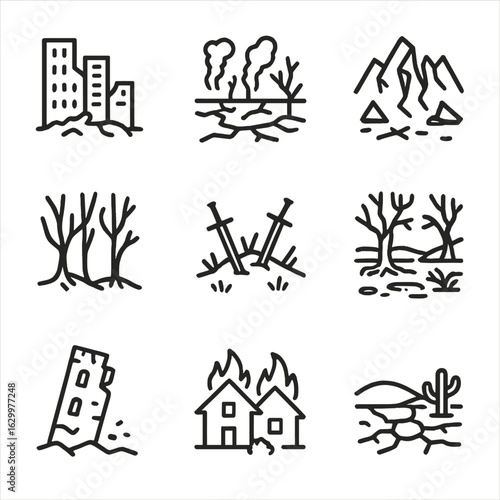 Chaos Landscape Icons. Outline icon set of chaos landscapes: ruined city, scorched earth, shattered mountains, dark forest,