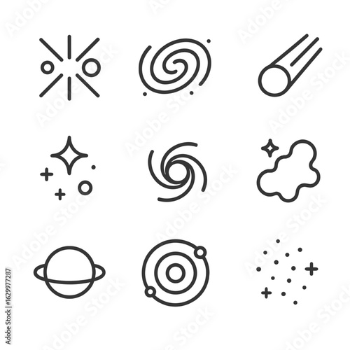Cosmic Origin Icons. Outline icon set of cosmic origin: Big Bang, galaxy, comet, star formation, black hole, nebula, planet, solar