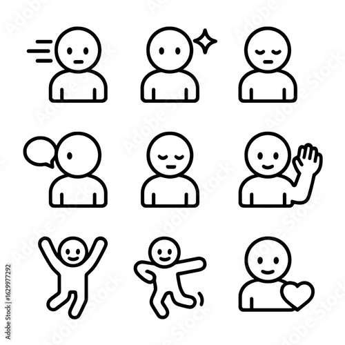 Animated Avatar Icons. Outline icon set of animated avatars: motion lines, sparkle, speech animation, blinking eyes, waving hand,