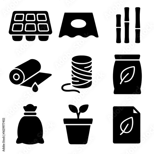 Biodegradable Farming Icons. Solid, filled icons set of biodegradable alternatives in farming equipment: