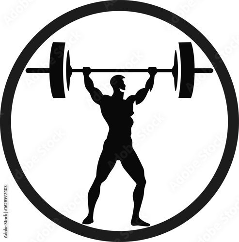 Dynamic Silhouette of a Weightlifter: Iconic Symbol of Strength, Fitness, and Athletic Achievement in a Bold Circular Design