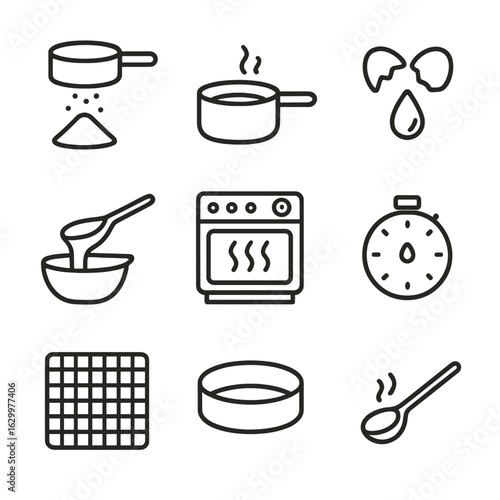 Baking Icons Grid. Outline icon set of baking process steps: sifted flour, melted butter, cracked egg, batter pour, preheated oven