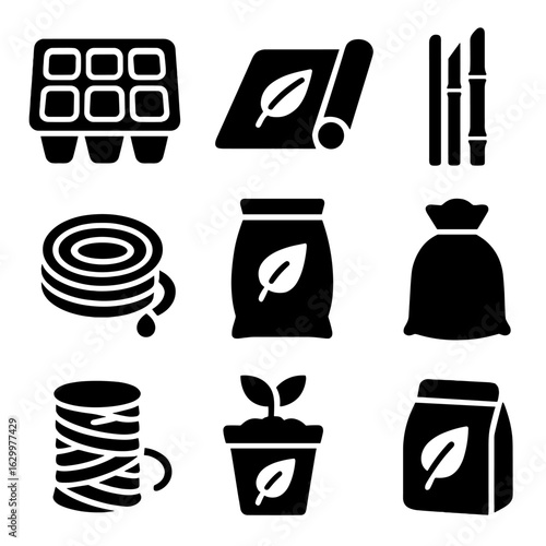 Biodegradable Farming Icons. Solid, filled icons set of biodegradable alternatives in farming equipment: