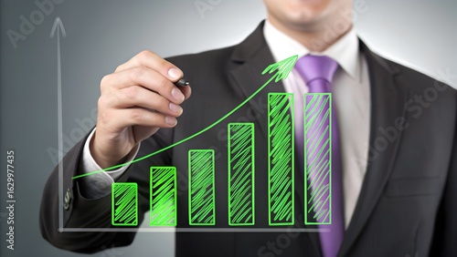 Business Growth Chart Drawn by Professional Man in Suit and Tie