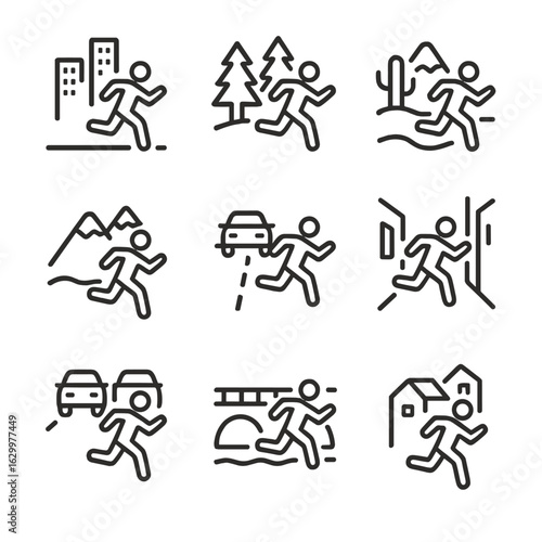 Chase Scene Icons. Outline icon set of chase scenes: city chase, forest chase, desert chase, mountain chase, highway chase, alley