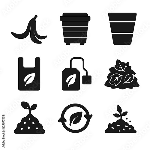 Biodegradable Waste Icons. Solid, filled icons set of biodegradable and compostable waste: banana peel,