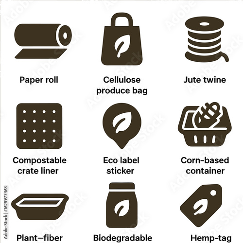 Biodegradable Packaging Icons. Solid, filled icons set of biodegradable packaging in farming: paper wrap roll,
