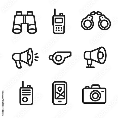 Chase Tools Icon Set. Outline icon set of chase tools and equipment: binoculars, walkie-talkie, handcuffs, megaphone, whistle,