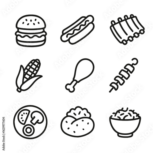 Barbecue Feast Icons. Outline icon set of barbecue feast foods: burger, hot dog, ribs rack, corn on the cob, chicken drumstick,