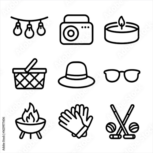 Barbecue Essentials Icons. Outline icon set of barbecue ambiance and accessories: string lights, portable speaker, citronella