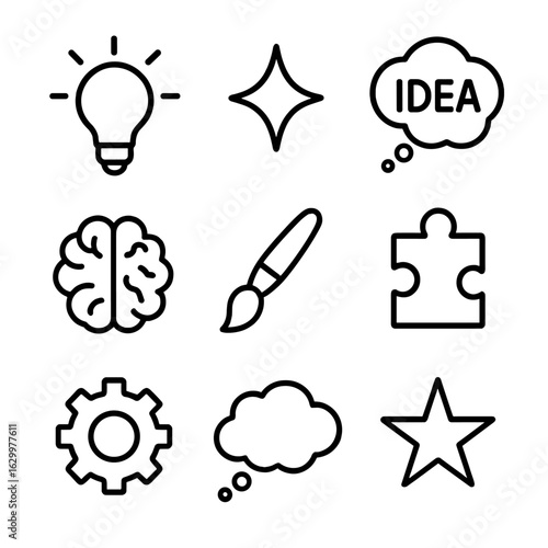 Creativity Icon Set. Outline icon set of hint in creativity and ideas: light bulb, spark, idea bubble, brain, paintbrush, puzzle