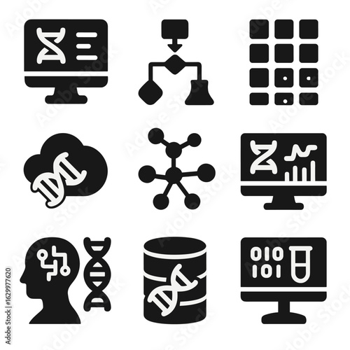 Bioinformatics Icon Set. Solid, filled icons set of bioinformatics: DNA code screen, algorithm symbol, data