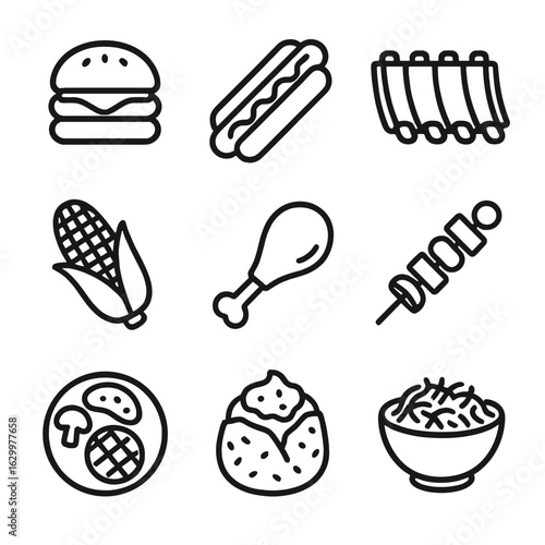 Barbecue Feast Icons. Outline icon set of barbecue feast foods: burger, hot dog, ribs rack, corn on the cob, chicken drumstick,