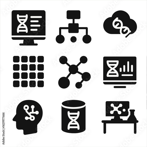 Bioinformatics Icon Set. Solid, filled icons set of bioinformatics: DNA code screen, algorithm symbol, data