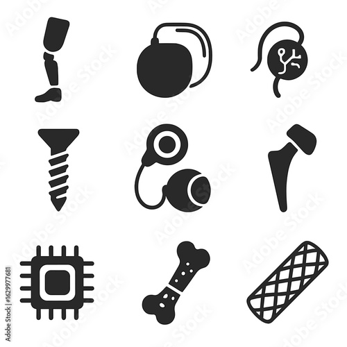 Biomedical Implants Icons. Solid, filled icons set of biomedical implants: artificial limb, pacemaker device,