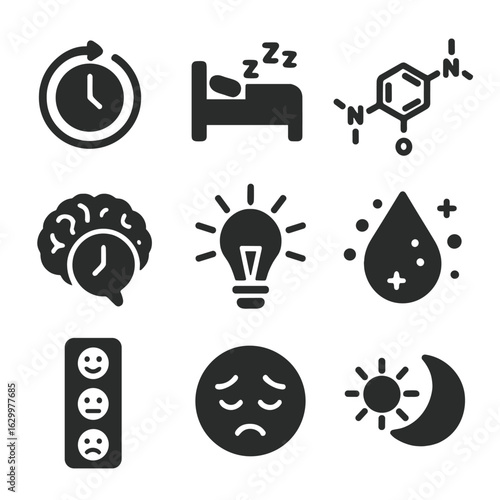 Biological Clock Icons. Solid, filled icons set of biological time perception: circadian rhythm, sleep cycle,