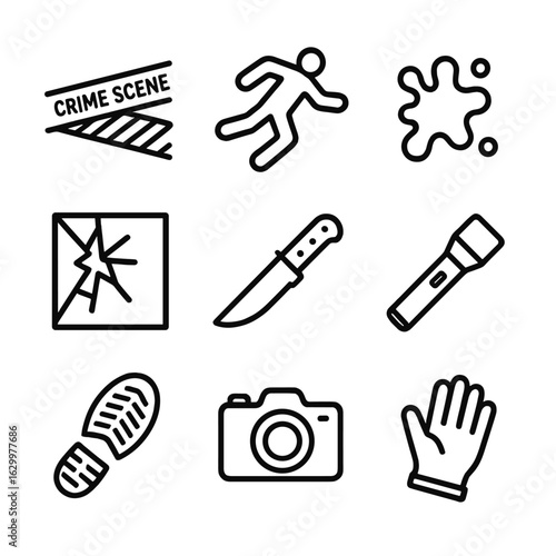 Crime Scene Icon Set. Outline icon set of crime scene evidence: crime scene tape, body outline, blood splatter, broken window,
