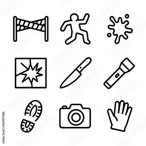 Crime Scene Icon Set. Outline icon set of crime scene evidence: crime scene tape, body outline, blood splatter, broken window,